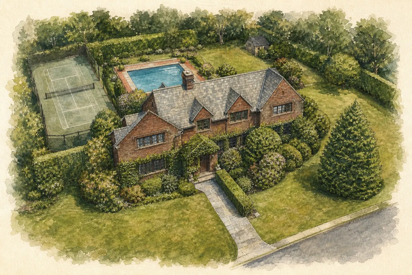 Painted WMR portrait of the brick estate, pool, and tennis court at 105 Mountainview Avenue in Kingston