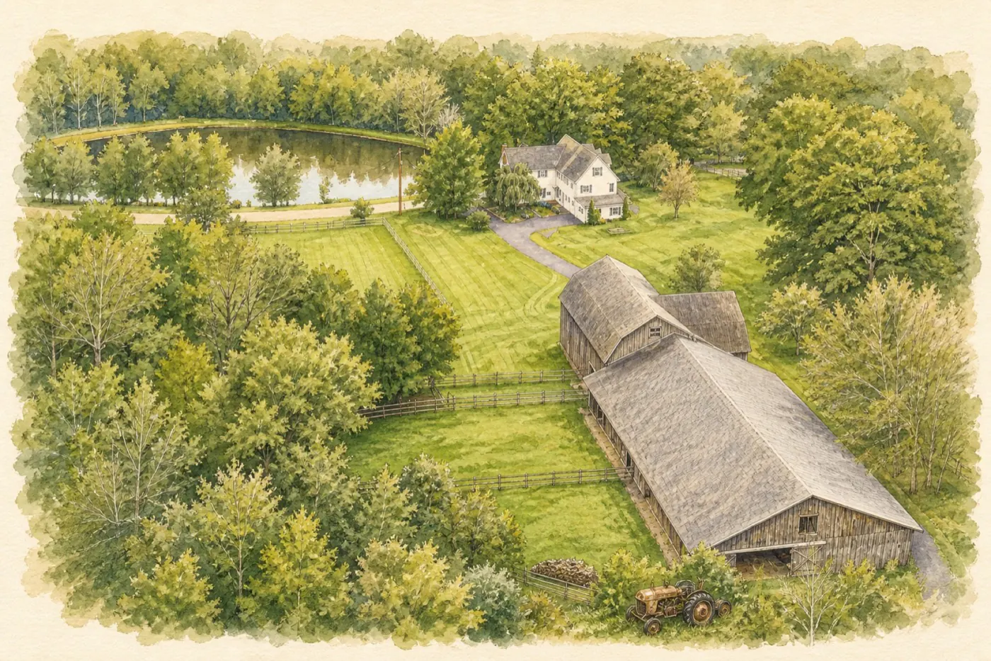 Painted WMR aerial portrait of the farmhouse, barn, fields, and pond at 264 Cypert Road