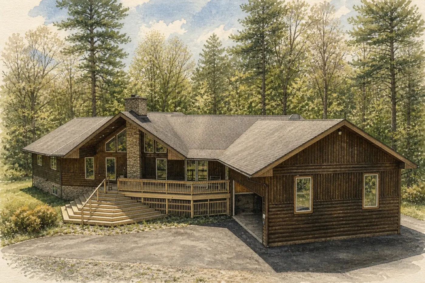 Painted WMR portrait of the contemporary woodland house at 537 Mossy Hill Road