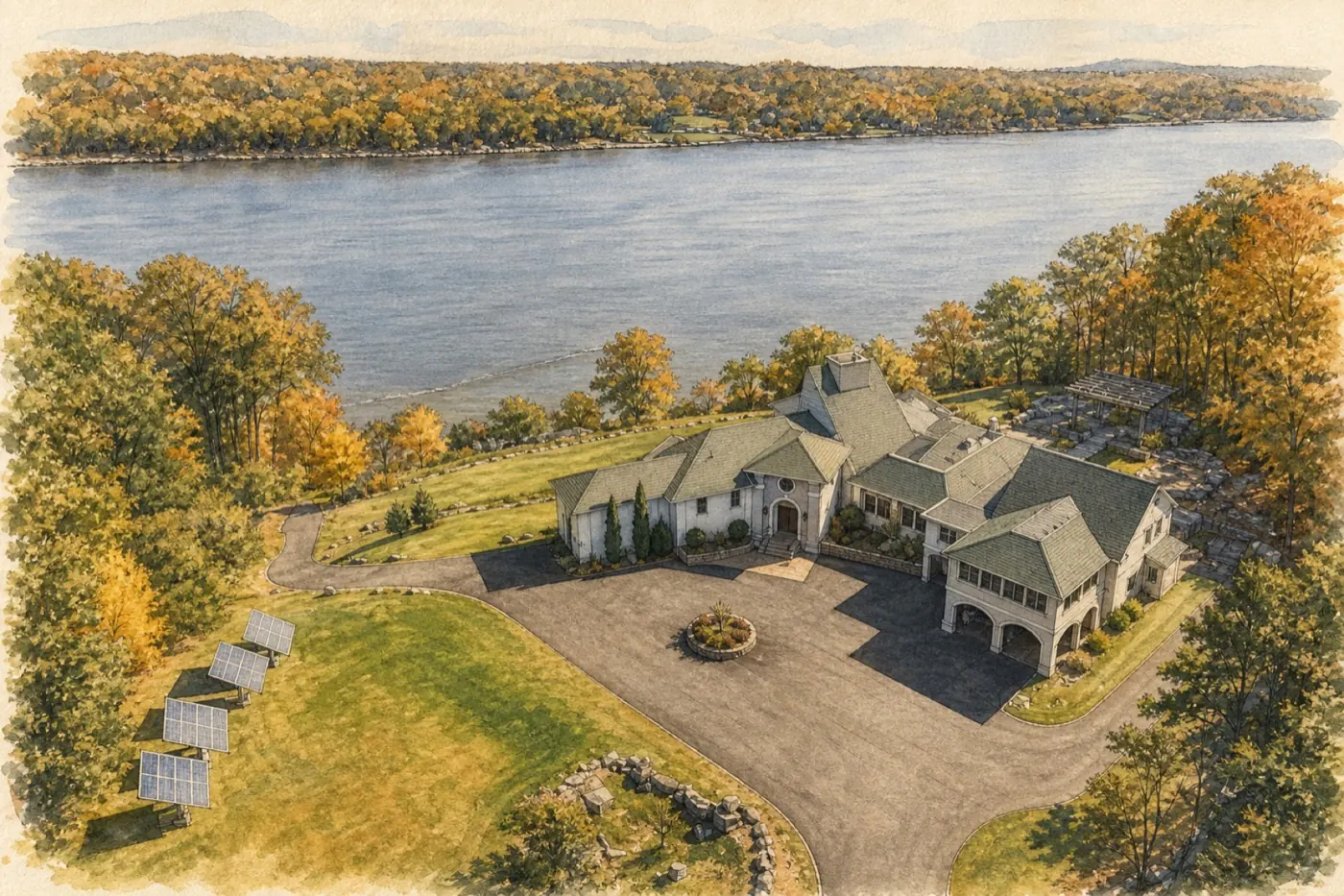 Painted WMR aerial portrait of the contemporary riverfront estate at 76 Floyd Ackert Road