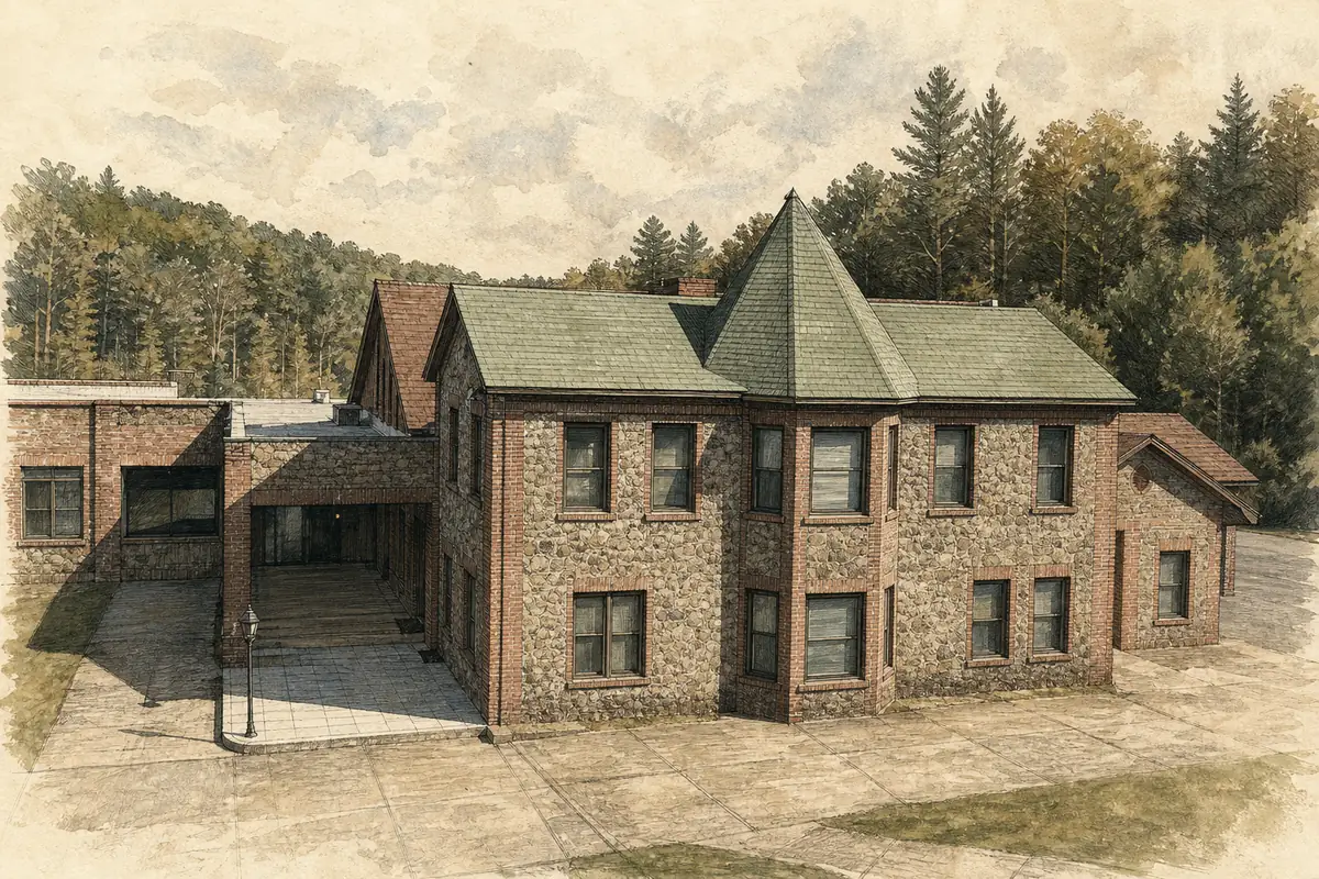 Painted WMR portrait of a principal lodge building at the Rosendale retreat campus
