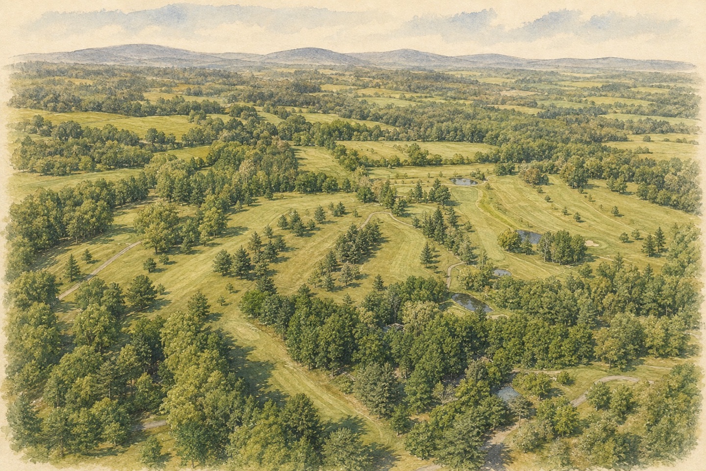 Painted WMR aerial portrait of the Island Green golf course and Catskill foothills around Greenville