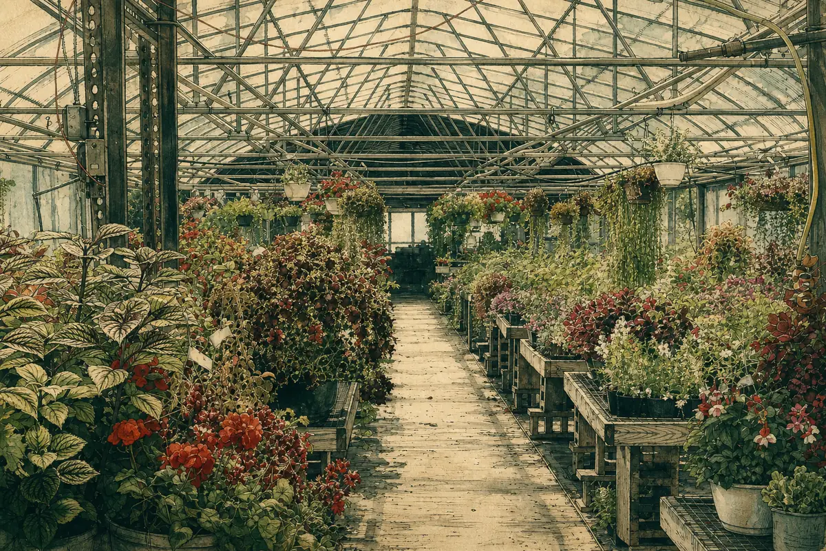 Painted WMR illustration of the flower-filled interior of a Buzzanco’s greenhouse