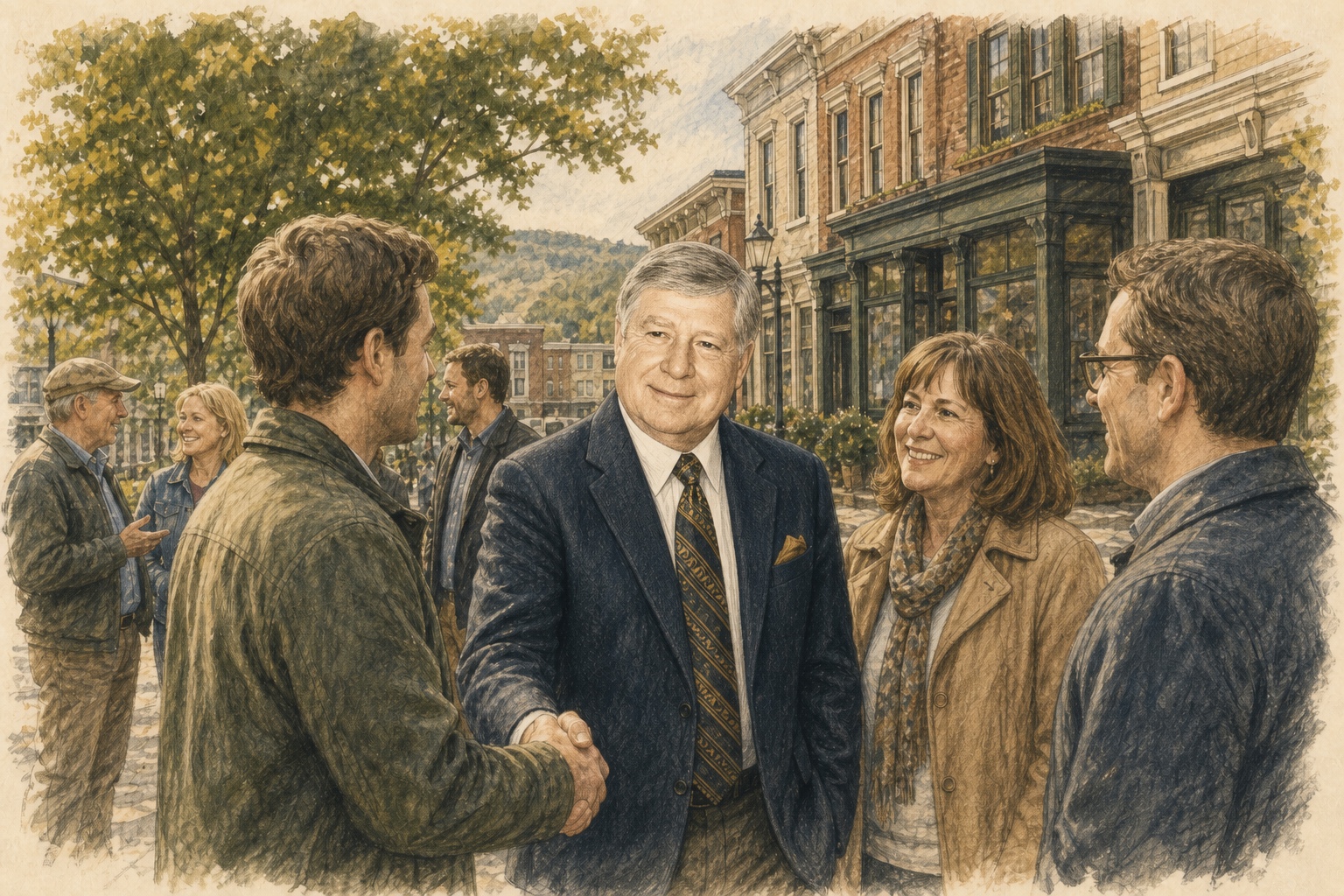 Illustrated Win Morrison shaking hands with community members outside a Hudson Valley building
