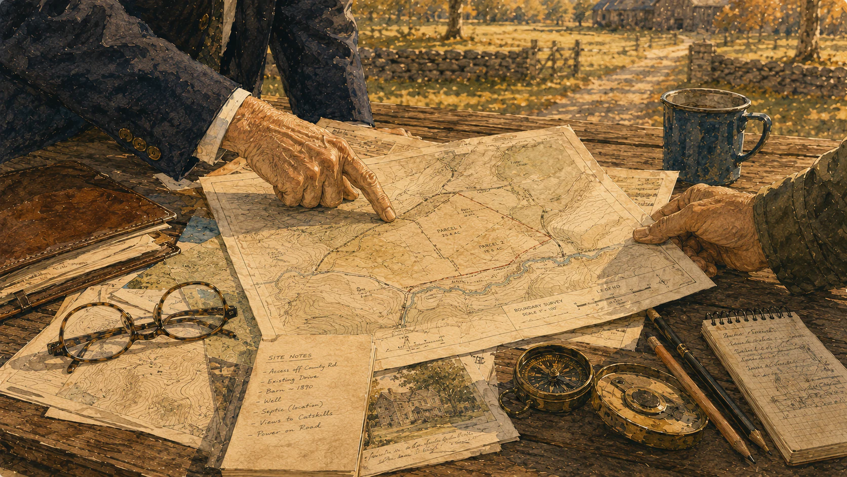 Illustrated WMR working table with maps, notes, and parcel context