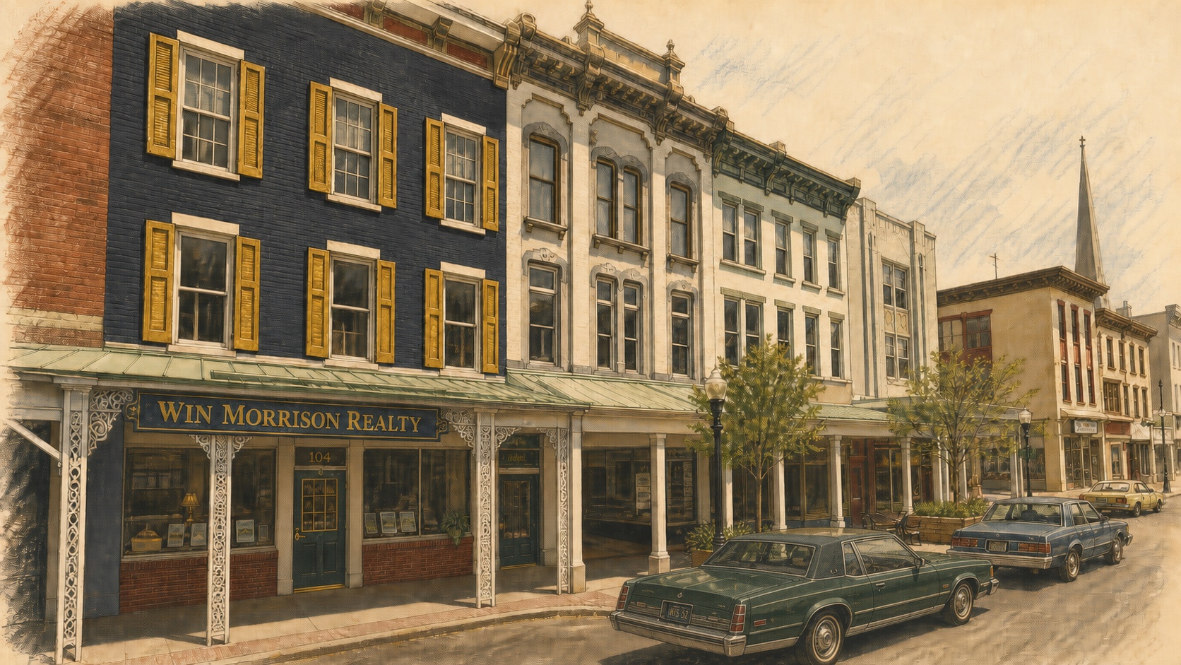 Illustrated Wall Street in Kingston in 1982, with the muted navy Win Morrison Realty building, yellow shutters, and a vintage green Cadillac