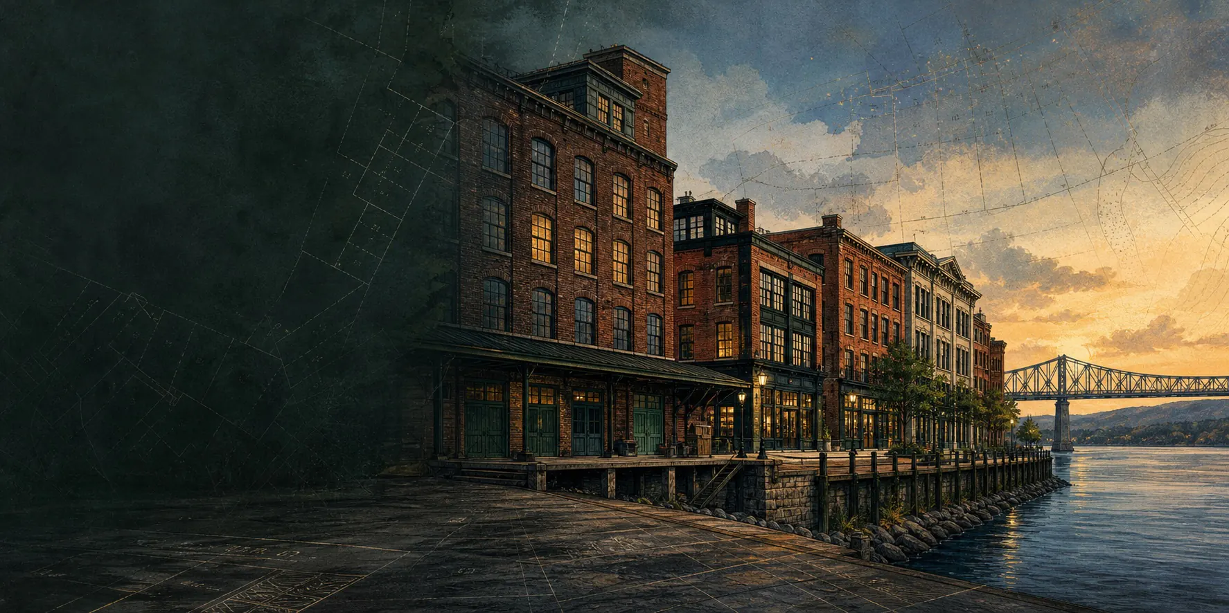 Illustrated Hudson Valley brick mill district, riverfront, bridge, and survey lines