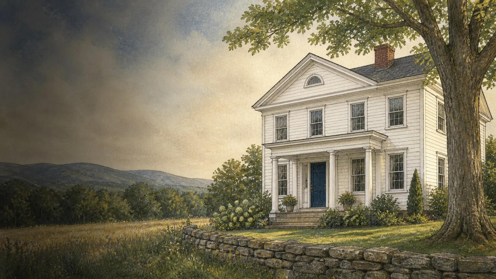 Illustrated Greek Revival home in a welcoming Hudson Valley landscape